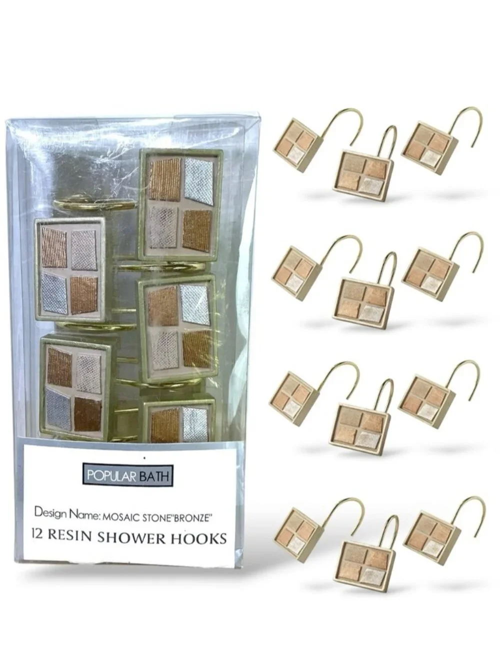 Mosaic Stone Bronze Shower Hooks by Popular Bath Set of Resin 12 Hooks NEW